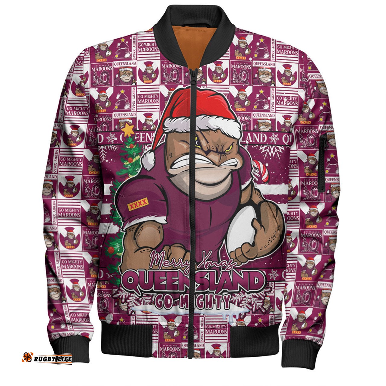 Amazing Aussie Queensland Maroons Merry Ugly Christmas Comic Style Bomber Jacket
