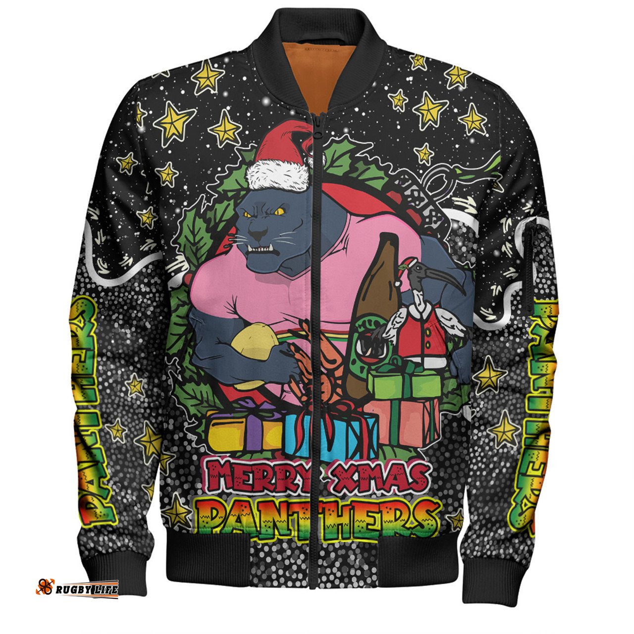 Amazing Aussie Penrith Panthers Christmas Custom Merry Christmas Our Beloved Team With Aboriginal Dot Art Pattern Bomber Jacket