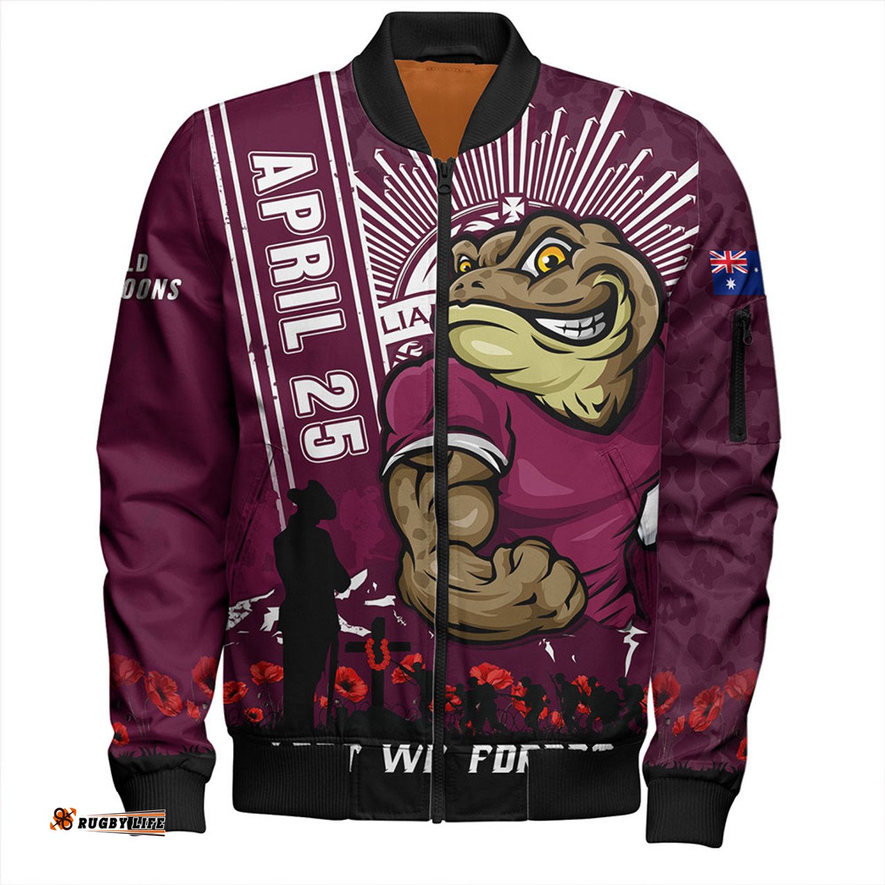 Amazing Aussie Queensland Maroons Anzac Day Lest We Forget Strong Fighting Spirit Bomber Jacket