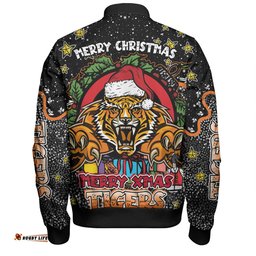 Amazing Aussie Wests Tigers Christmas Custom Merry Christmas Our Beloved Team With Aboriginal Dot Art Pattern Bomber Jacket