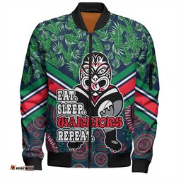 Amazing Aussie New Zealand Warriors Sport Tropical Patterns And Dot Painting Eat Sleep Rugby Repeat Bomber Jacket