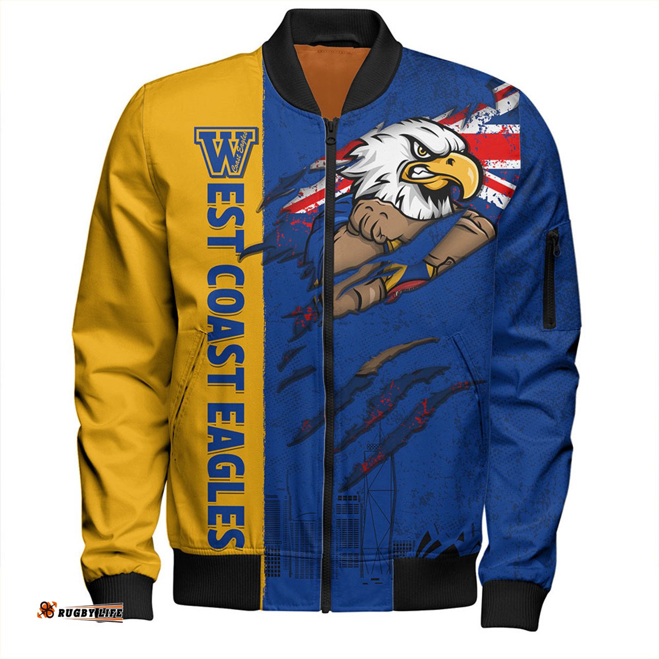 Amazing Aussie West Coast Eagles Burning Passion Of Power Scratch Style Bomber Jacket