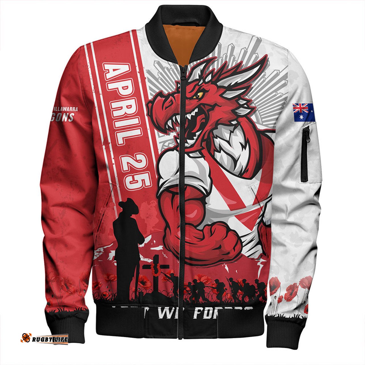 Amazing Aussie St. George Illawarra Dragons Anzac Day Lest We Forget Strong Fighting Spirit Bomber Jacket