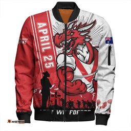 Amazing Aussie St. George Illawarra Dragons Anzac Day Lest We Forget Strong Fighting Spirit Bomber Jacket