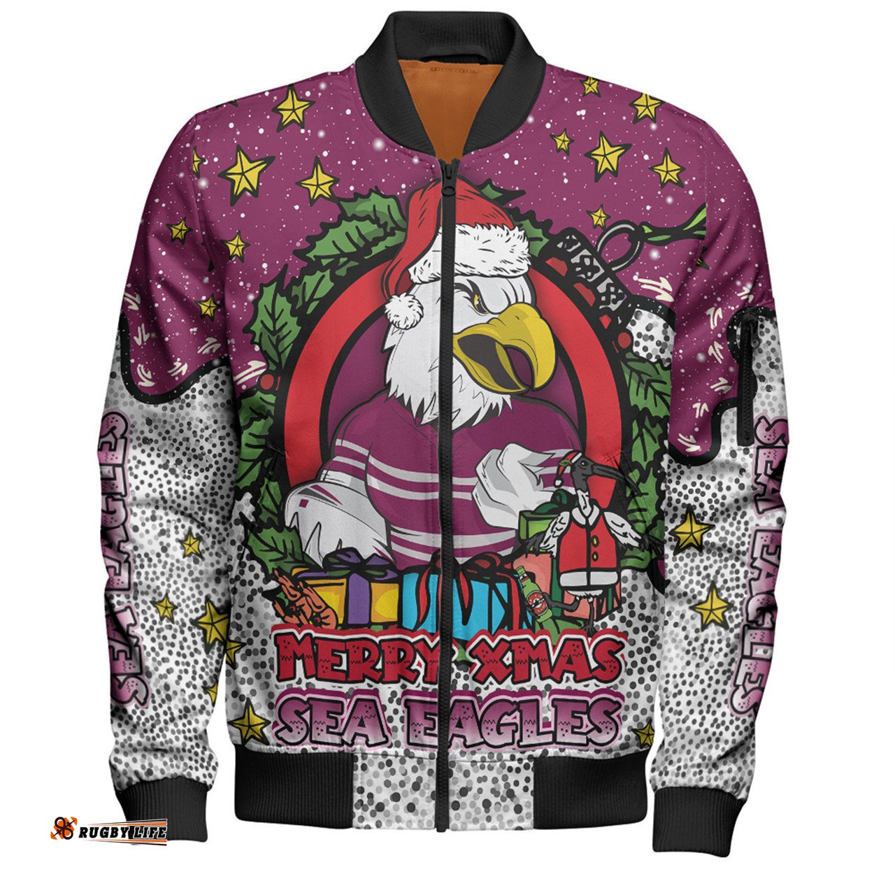 Amazing Aussie Manly Warringah Sea Eagles Christmas Custom Merry Christmas Our Beloved Team With Aboriginal Dot Art Pattern Bomber Jacket