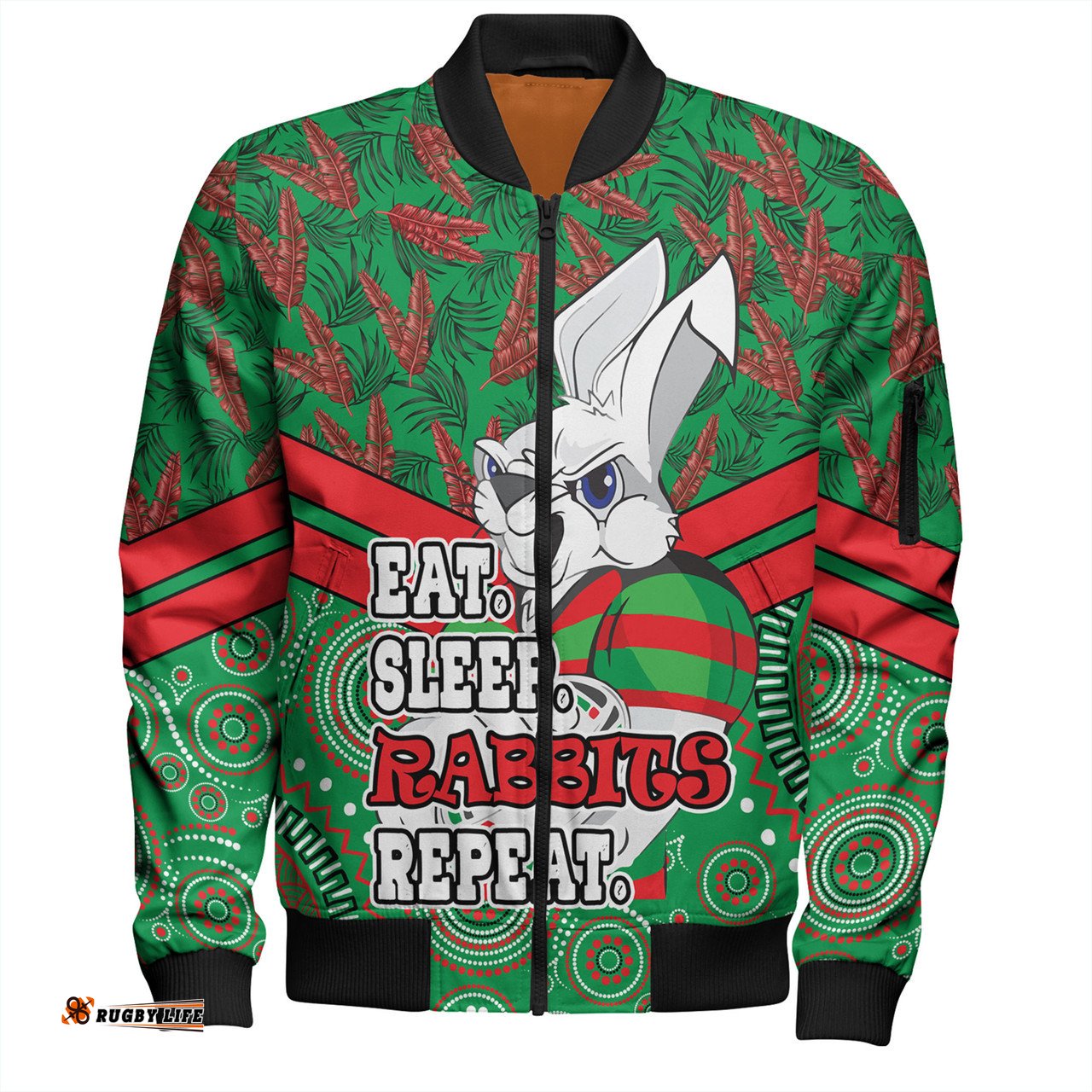 Amazing Aussie South Sydney Rabbitohs Tropical Patterns And Dot Painting Eat Sleep Rugby Repeat Bomber Jacket