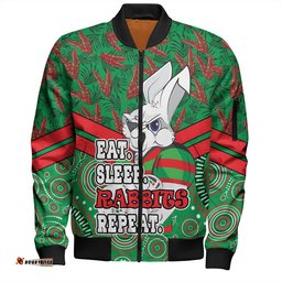 Amazing Aussie South Sydney Rabbitohs Tropical Patterns And Dot Painting Eat Sleep Rugby Repeat Bomber Jacket
