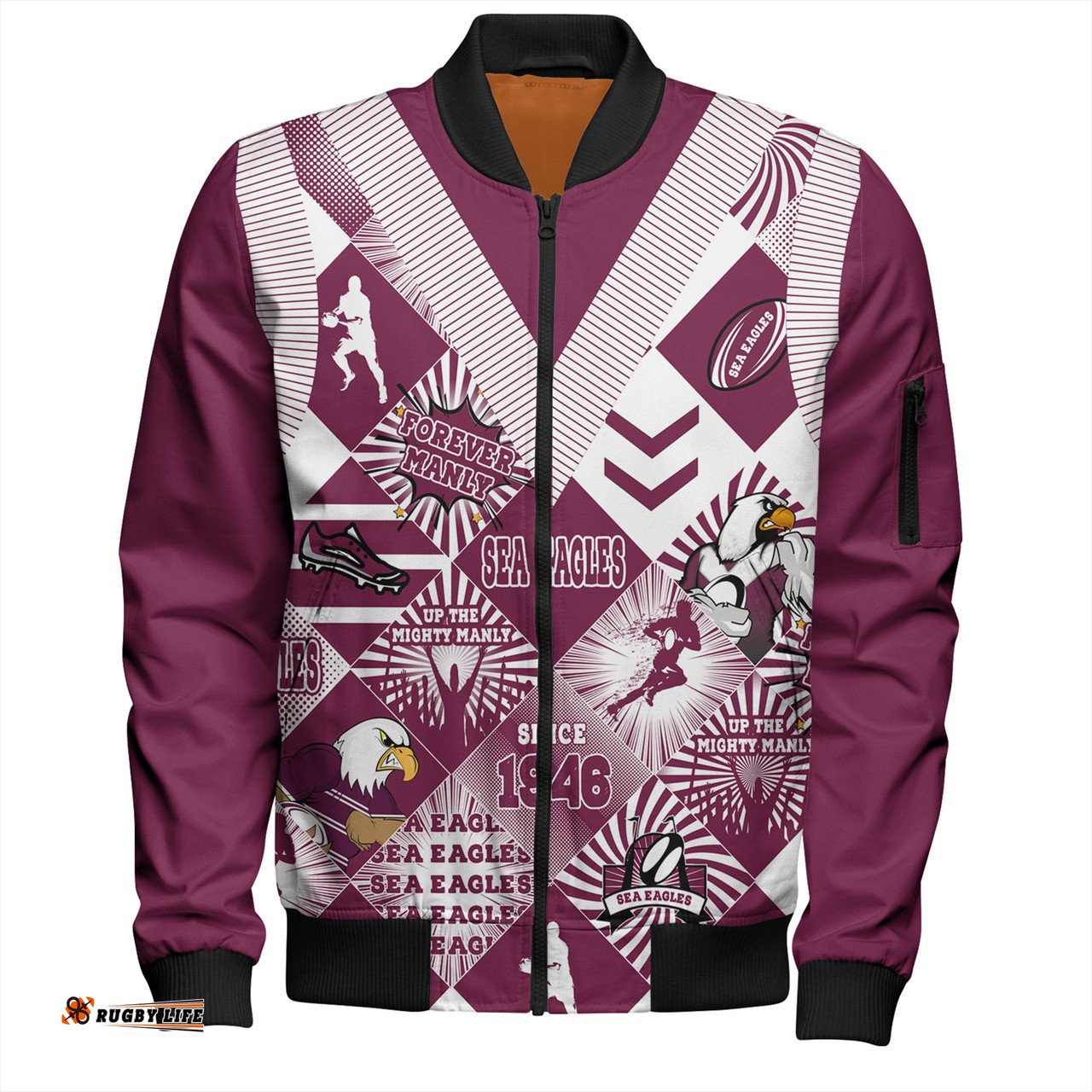 Amazing Aussie Manly Warringah Sea Eagles Argyle Patterns Style Tough Fan Rugby For Life Bomber Jacket