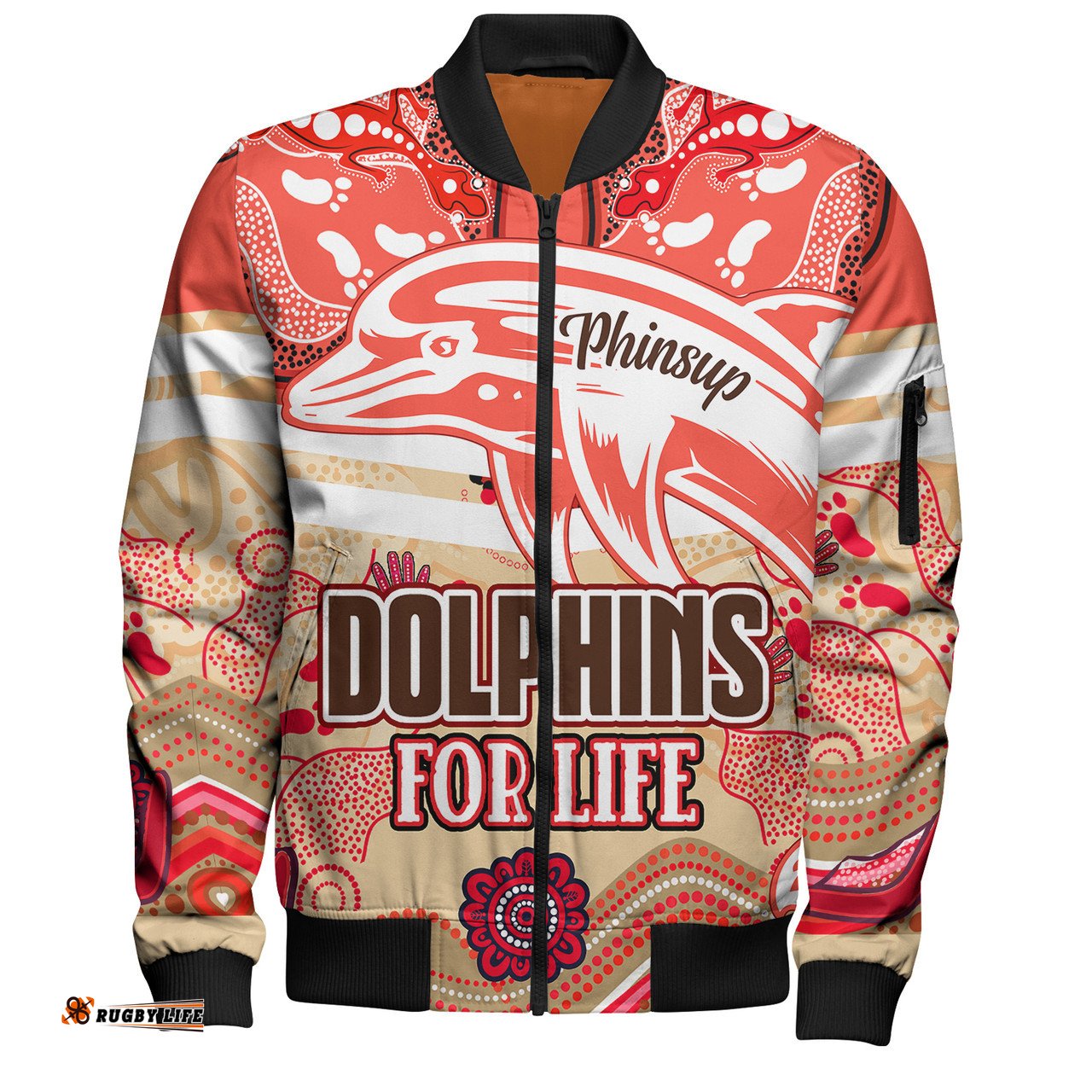 Amazing Aussie Redcliffe Dolphins Custom Redcliffe Dolphins For Life With Aboriginal Style Bomber Jacket