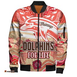 Amazing Aussie Redcliffe Dolphins Custom Redcliffe Dolphins For Life With Aboriginal Style Bomber Jacket