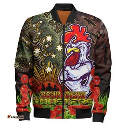 Amazing Aussie Sydney Roosters Custom Anzac Sydney Roosters with Remembrance Poppy and Indigenous Patterns Bomber Jacket