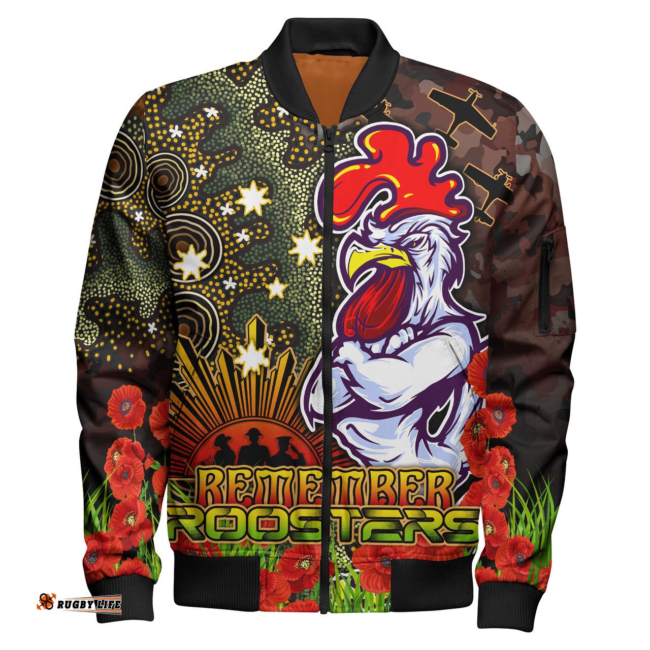 Amazing Aussie Sydney Roosters Custom Anzac Sydney Roosters with Remembrance Poppy and Indigenous Patterns Bomber Jacket