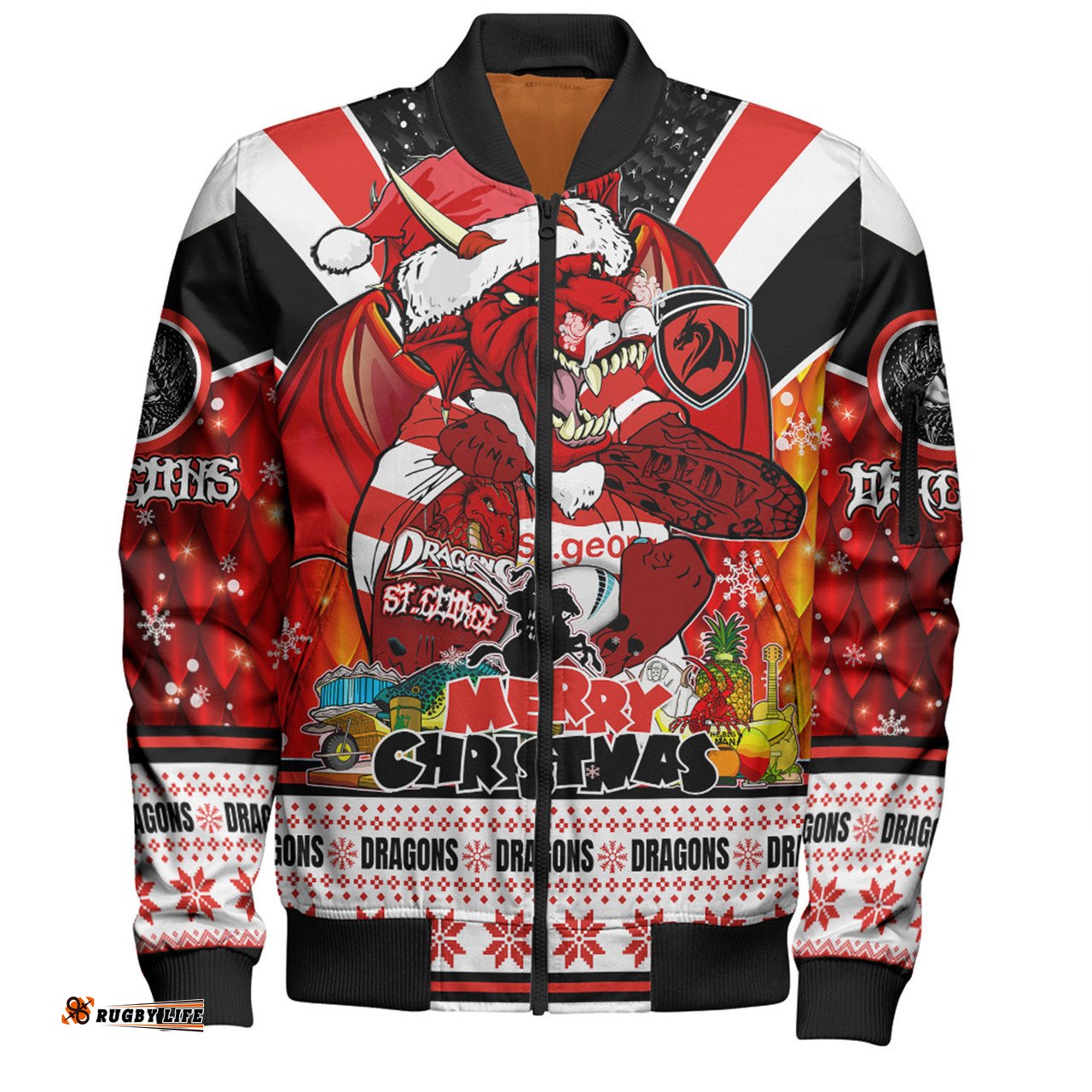 Amazing Aussie St. George Illawarra Dragons Christmas Custom Dragons Santa Aussie Big Things Bomber Jacket