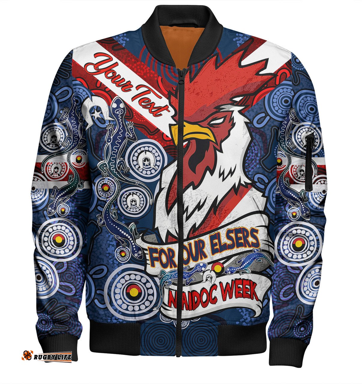 Amazing Aussie Sydney Roosters Naidoc Week Custom Sydney Roosters Naidoc WeekFor Our Elders Dot Art Style With Lizard Bomber Jacket