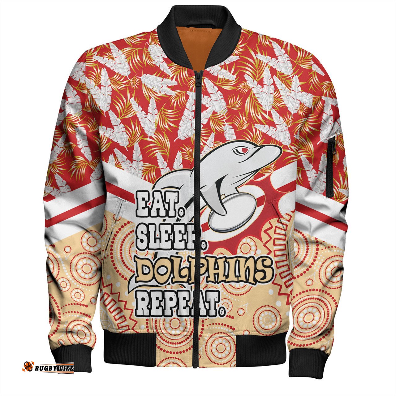 Amazing Aussie Redcliffe Dolphins Tropical Patterns And Dot Painting Eat Sleep Rugby Repeat Bomber Jacket