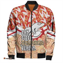 Amazing Aussie Redcliffe Dolphins Tropical Patterns And Dot Painting Eat Sleep Rugby Repeat Bomber Jacket