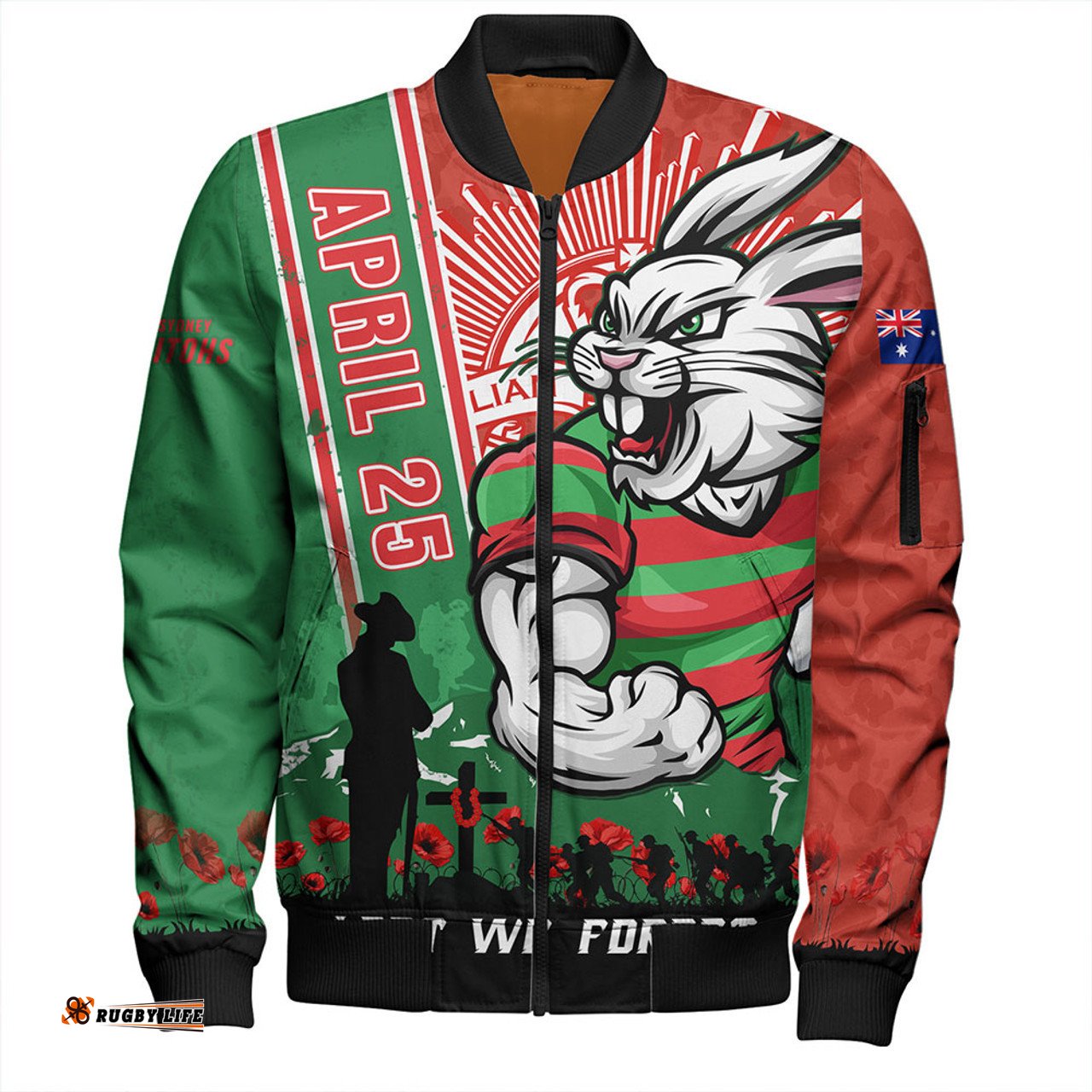 Amazing Aussie South Sydney Rabbitohs Anzac Day Lest We Forget Strong Fighting Spirit Bomber Jacket