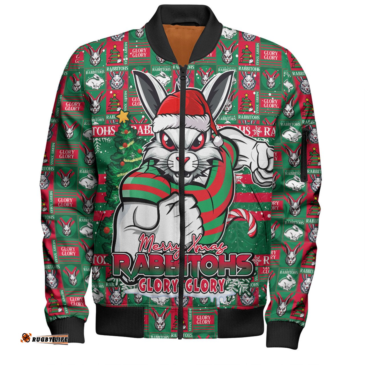 Amazing Aussie South Sydney Rabbitohs Merry Ugly Christmas Comic Style Bomber Jacket