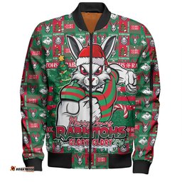 Amazing Aussie South Sydney Rabbitohs Merry Ugly Christmas Comic Style Bomber Jacket