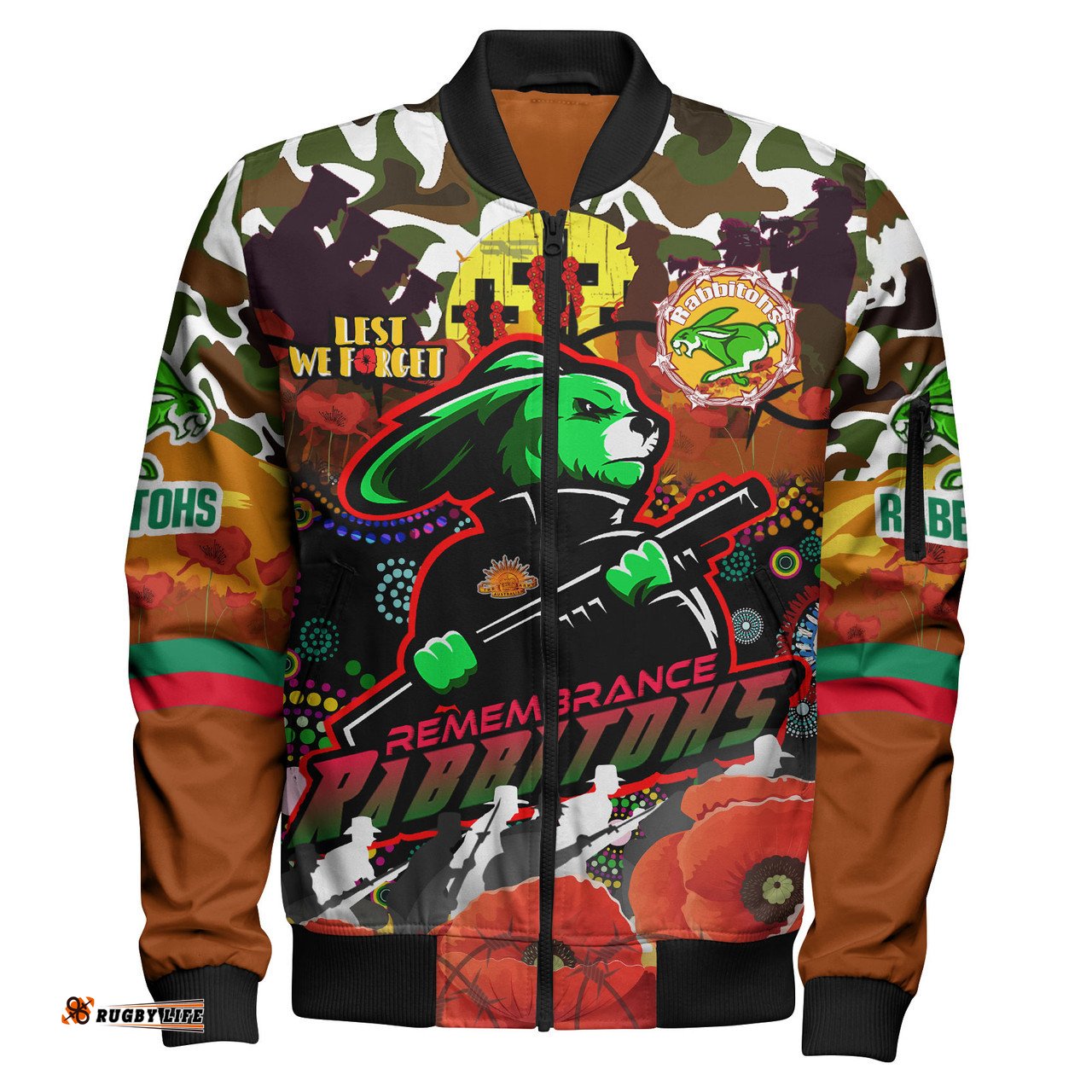 Amazing Aussie South Sydney Rabbitohs Camouflage Anzac Poppy Souths Anzac Lest We Forget Spirit Bomber Jacket