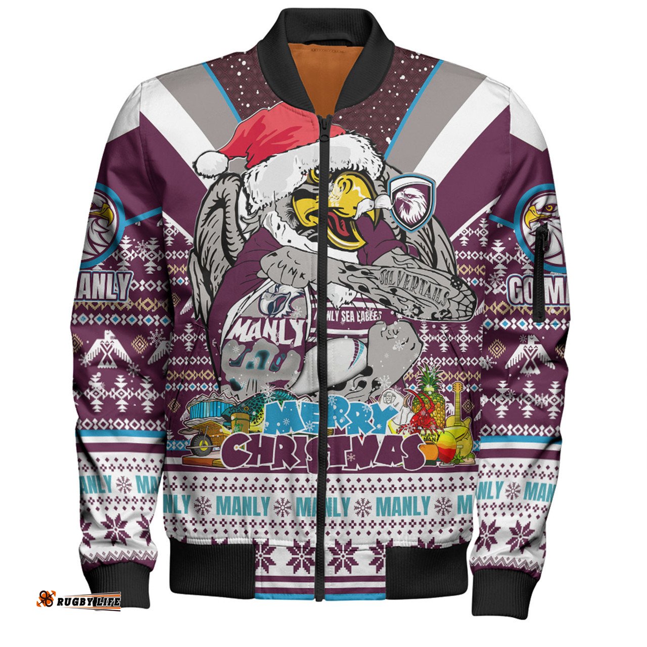 Amazing Aussie Manly Warringah Sea Eagles Christmas Custom Manly Santa Aussie Big Things Bomber Jacket