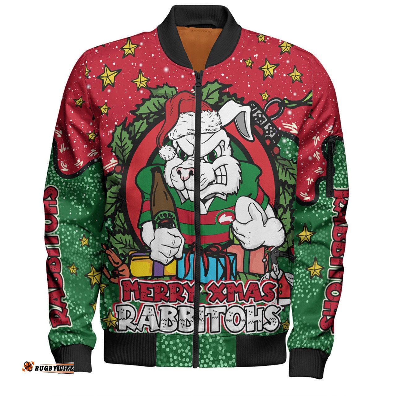 Amazing Aussie South Sydney Rabbitohs Custom Merry Christmas Our Beloved Team With Aboriginal Dot Art Pattern Bomber Jacket