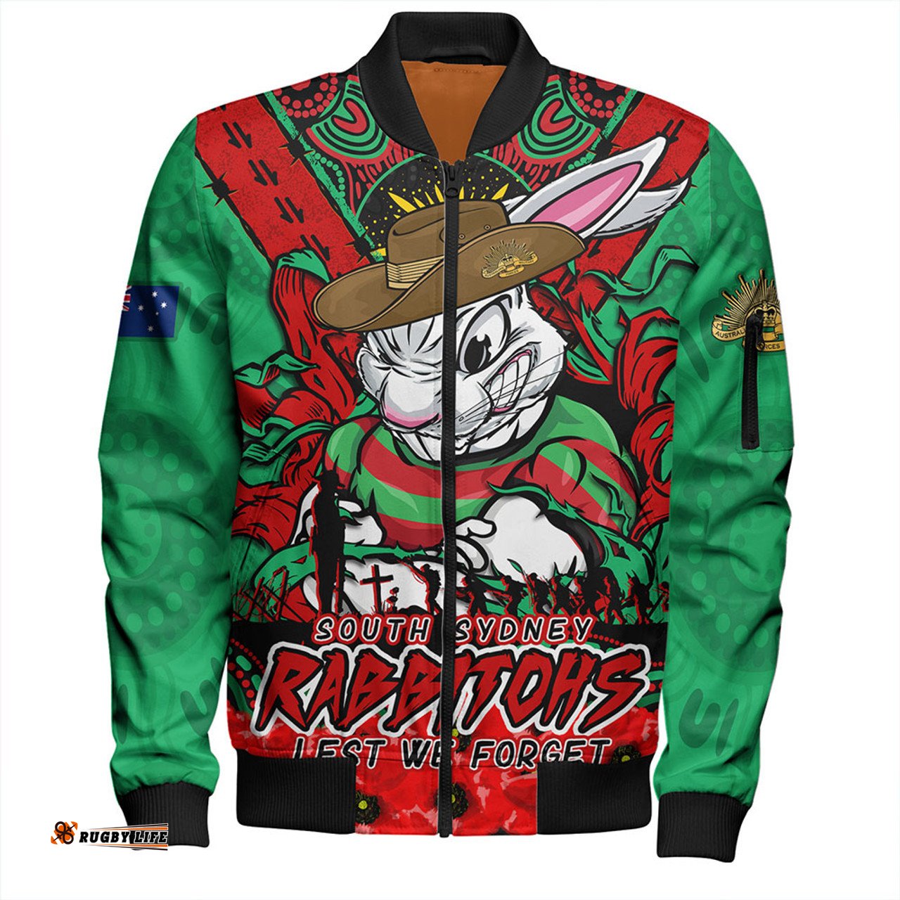 Amazing Aussie South Sydney Rabbitohs Ripped Legacy Of The Game The ANZAC Spirit Lives On Bomber Jacket