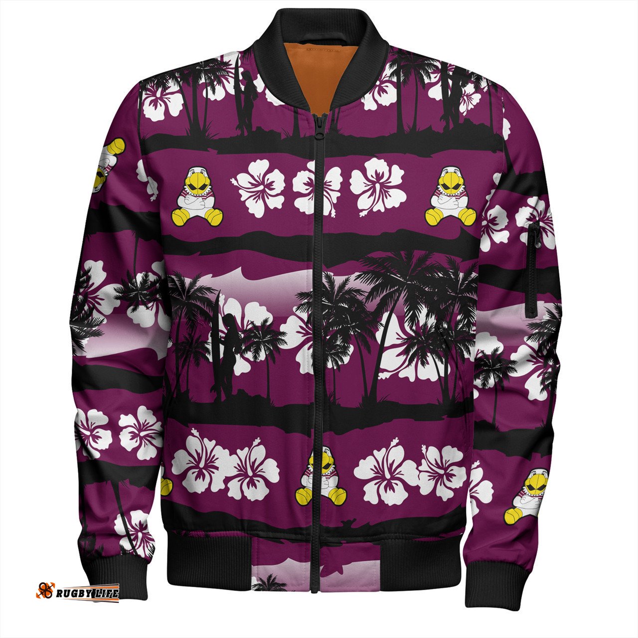 Amazing Aussie Manly Warringah Sea Eagles Tropical Hibiscus and Coconut Trees Bomber Jacket