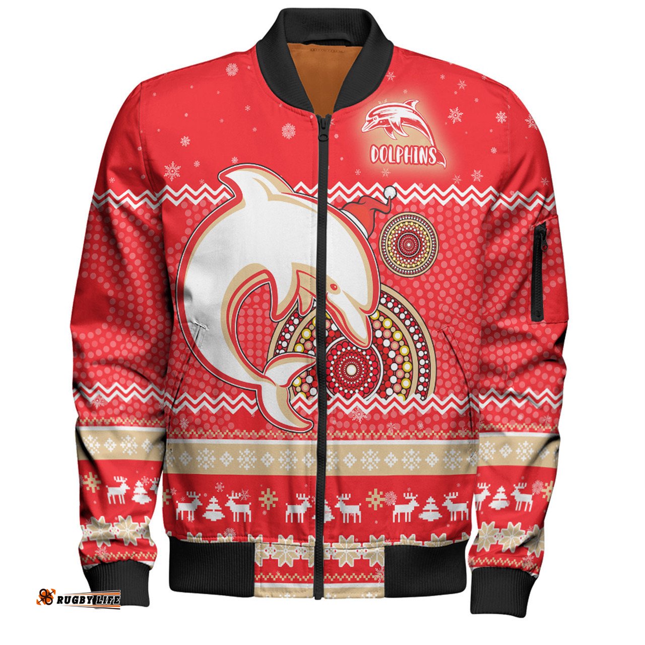 Amazing Aussie Redcliffe Dolphins Christmas Custom Ugly Xmas And Aboriginal Patterns For Die Hard Fan Bomber Jacket