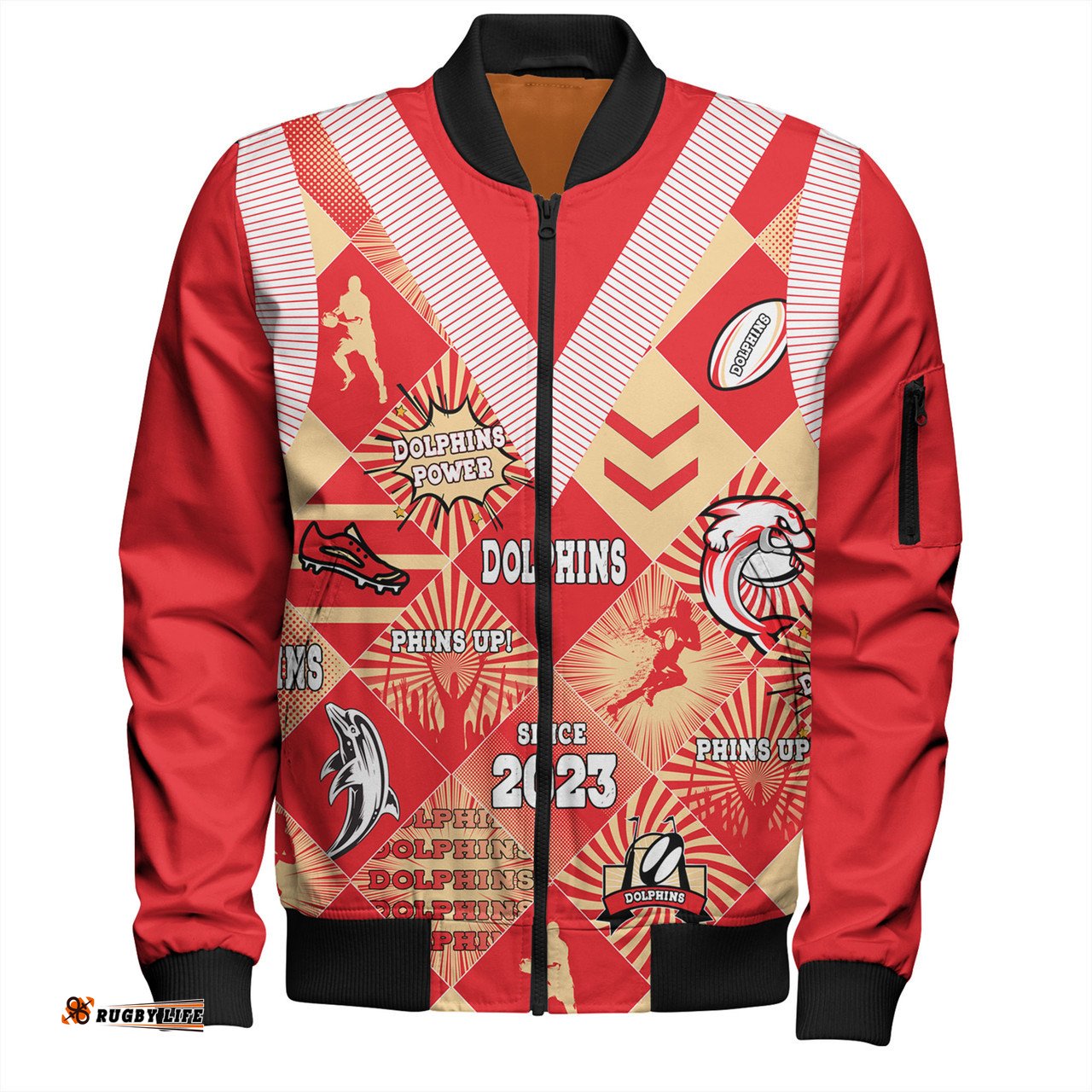 Amazing Aussie Redcliffe Dolphins Argyle Patterns Style Tough Fan Rugby For Life Bomber Jacket