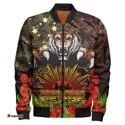 Amazing Aussie Wests Tigers Custom Anzac Wests Tigers with Remembrance Poppy and Indigenous Patterns Bomber Jacket