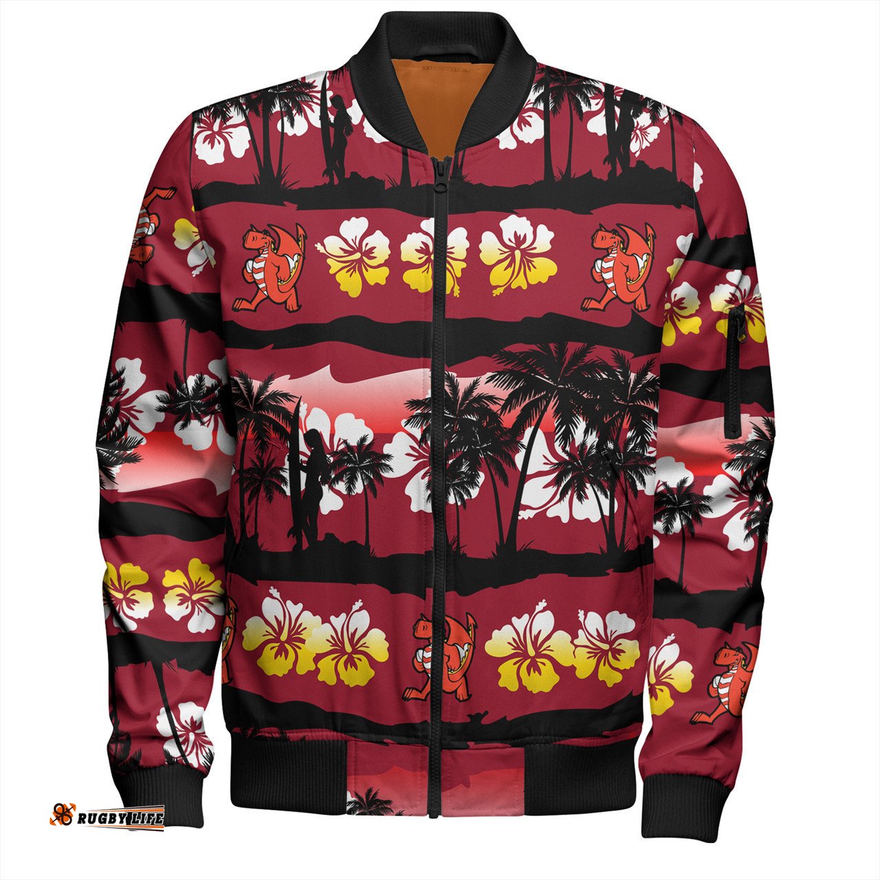 Amazing Aussie St. George Illawarra Dragons Tropical Hibiscus and Coconut Trees Bomber Jacket