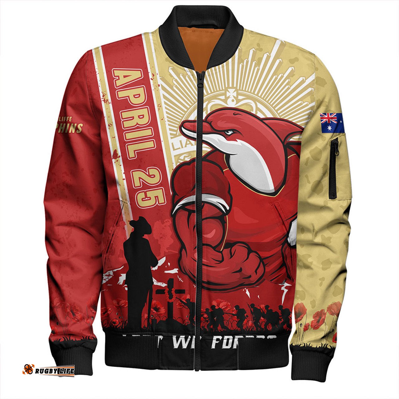 Amazing Aussie Redcliffe Dolphins Anzac Day Lest We Forget Strong Fighting Spirit Bomber Jacket