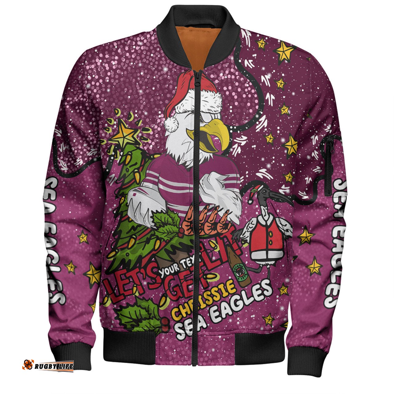 Amazing Aussie Manly Warringah Sea Eagles Christmas Custom Let's Get Lit Chrisse Pressie Bomber Jacket