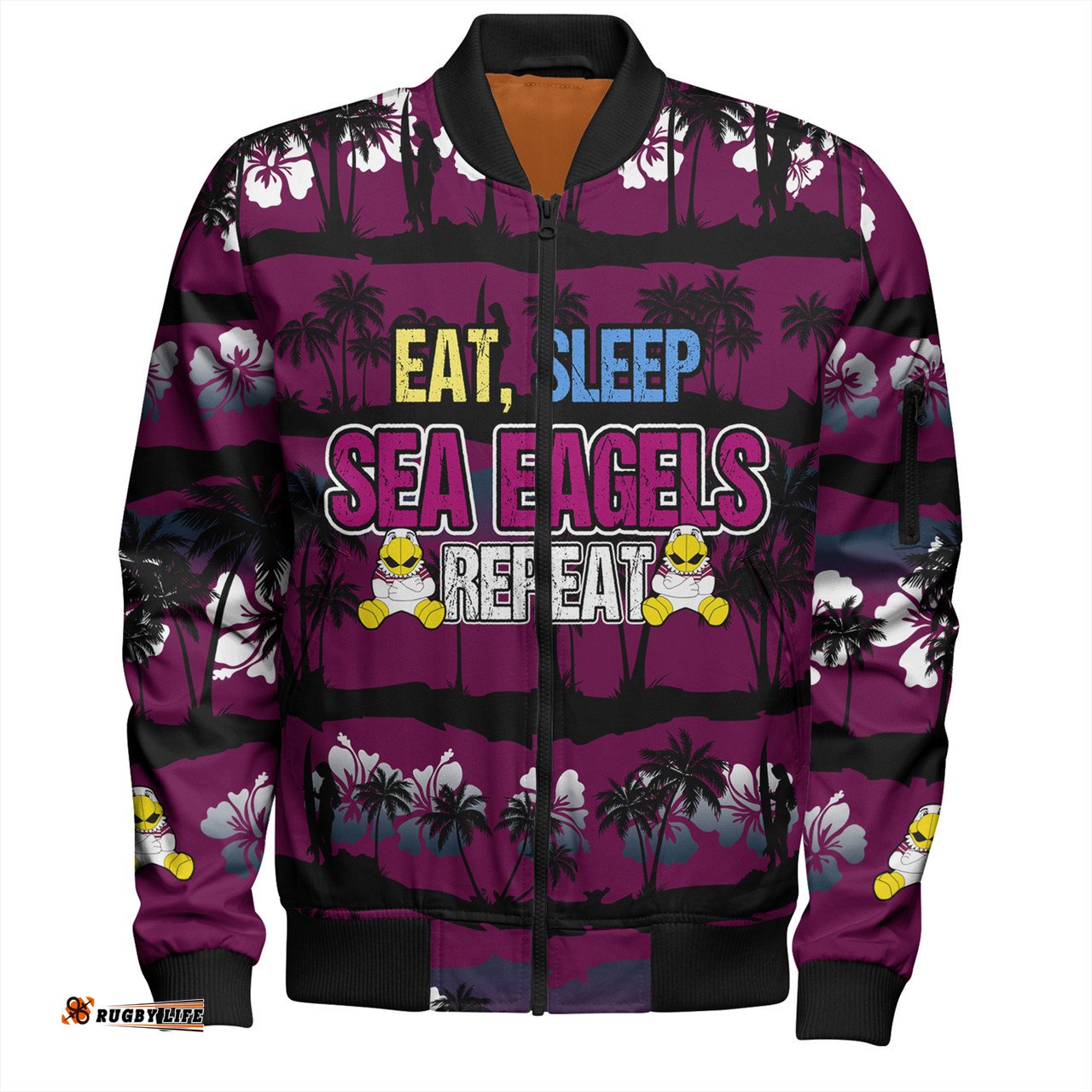 Amazing Aussie Manly Warringah Sea Eagles Eat Sleep Repeat With Tropical Patterns Bomber Jacket