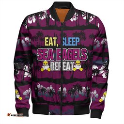 Amazing Aussie Manly Warringah Sea Eagles Eat Sleep Repeat With Tropical Patterns Bomber Jacket