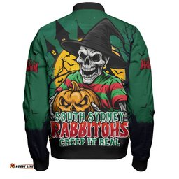 Amazing Aussie South Sydney Rabbitohs Dark Moon Rugby Halloween Battle Edition Bomber Jacket