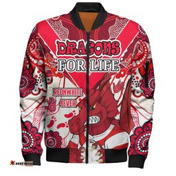 Amazing Aussie St. George Illawarra Dragons Custom St. George Illawarra Dragons For Life With Aboriginal Style Bomber Jacket