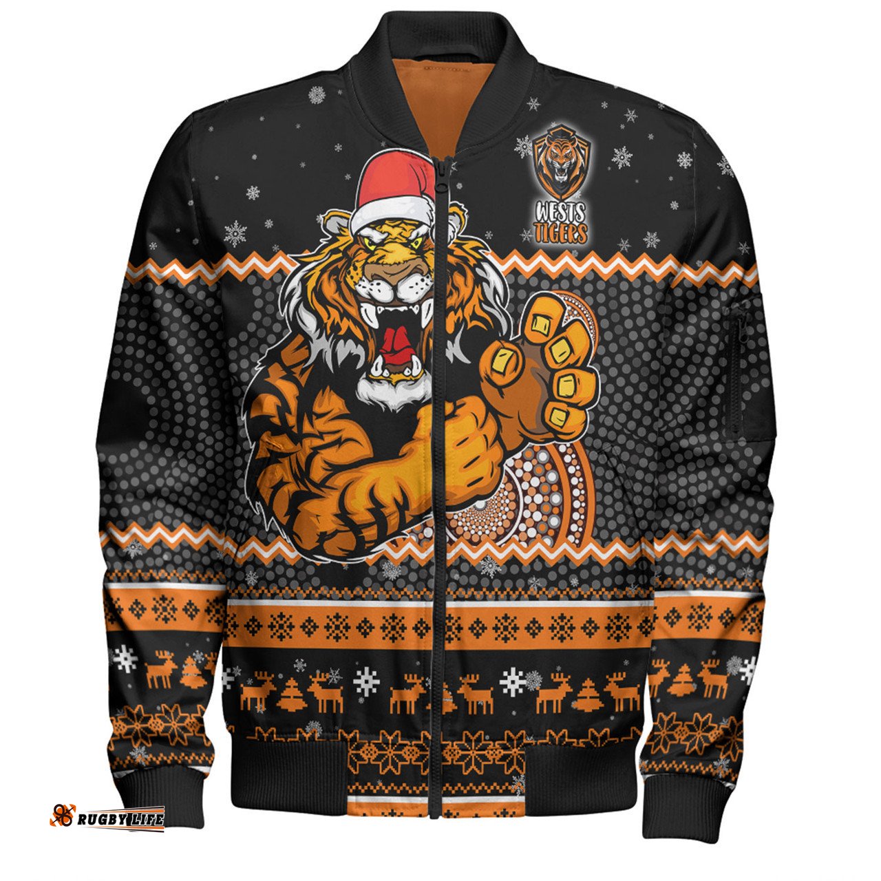 Amazing Aussie Wests Tigers Christmas Custom Ugly Xmas And Aboriginal Patterns For Die Hard Fan Bomber Jacket