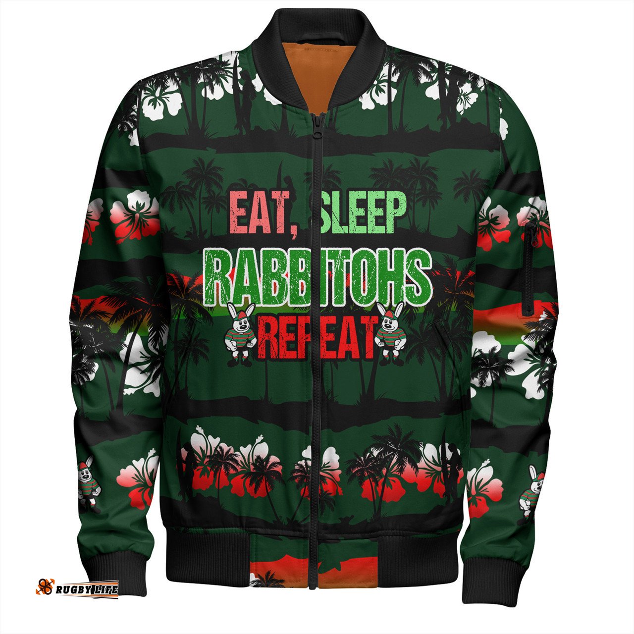 Amazing Aussie South Sydney Rabbitohs Eat Sleep Repeat With Tropical Patterns Bomber Jacket