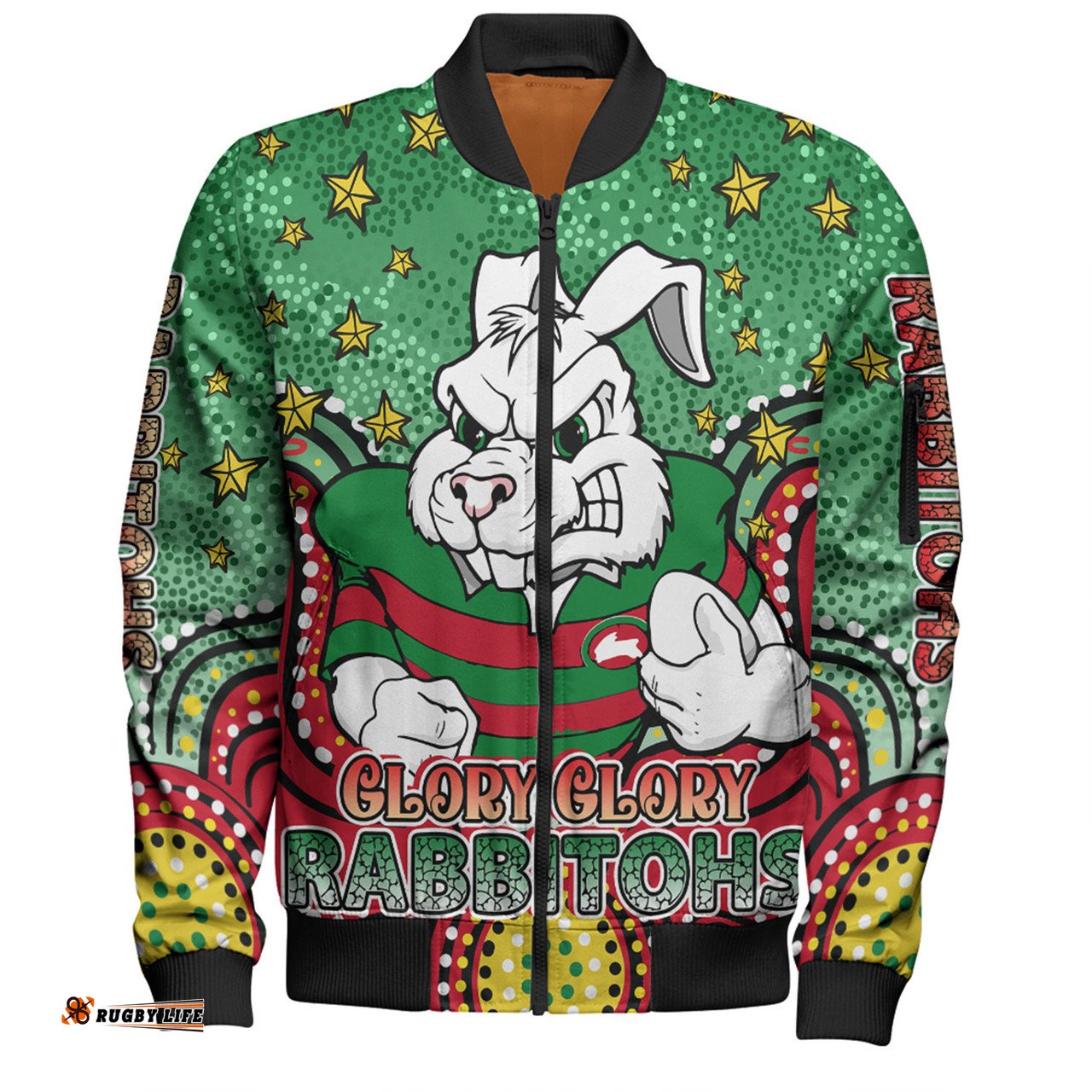 Amazing Aussie South Sydney Rabbitohs Custom With Aboriginal Inspired Style Of Dot Painting Patterns  Bomber Jacket