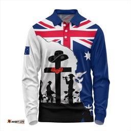 Australia Anzac Day Long Sleeve Polo Shirt - Anzac Day With Map And Flag Australia Long Sleeve Polo Shirt