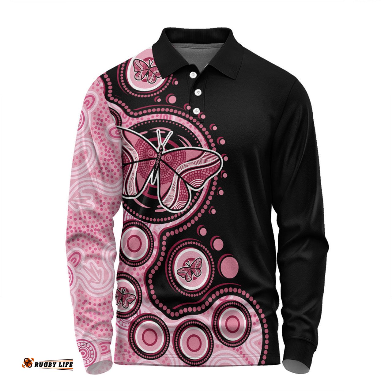 Australia Long Sleeve Polo Shirt Indigenous Butterfly Aboriginal Dot Arts