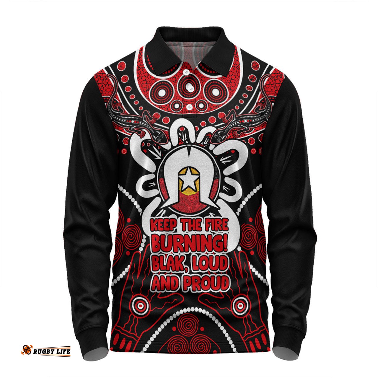 Australia Long Sleeve Polo Shirt Naidoc Week Aboriginal Inspired Dot Art Painting And Aussie Lizard