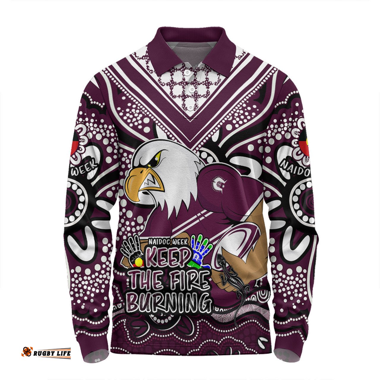 Manly Warringah Sea Eagles Long Sleeve Polo Shirt Aboriginal Inspired Naidoc Week Custom For Die Hard Fan Supporters