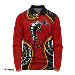 Australia Long Sleeve Polo Shirt Aboriginal Art With Kangaroo