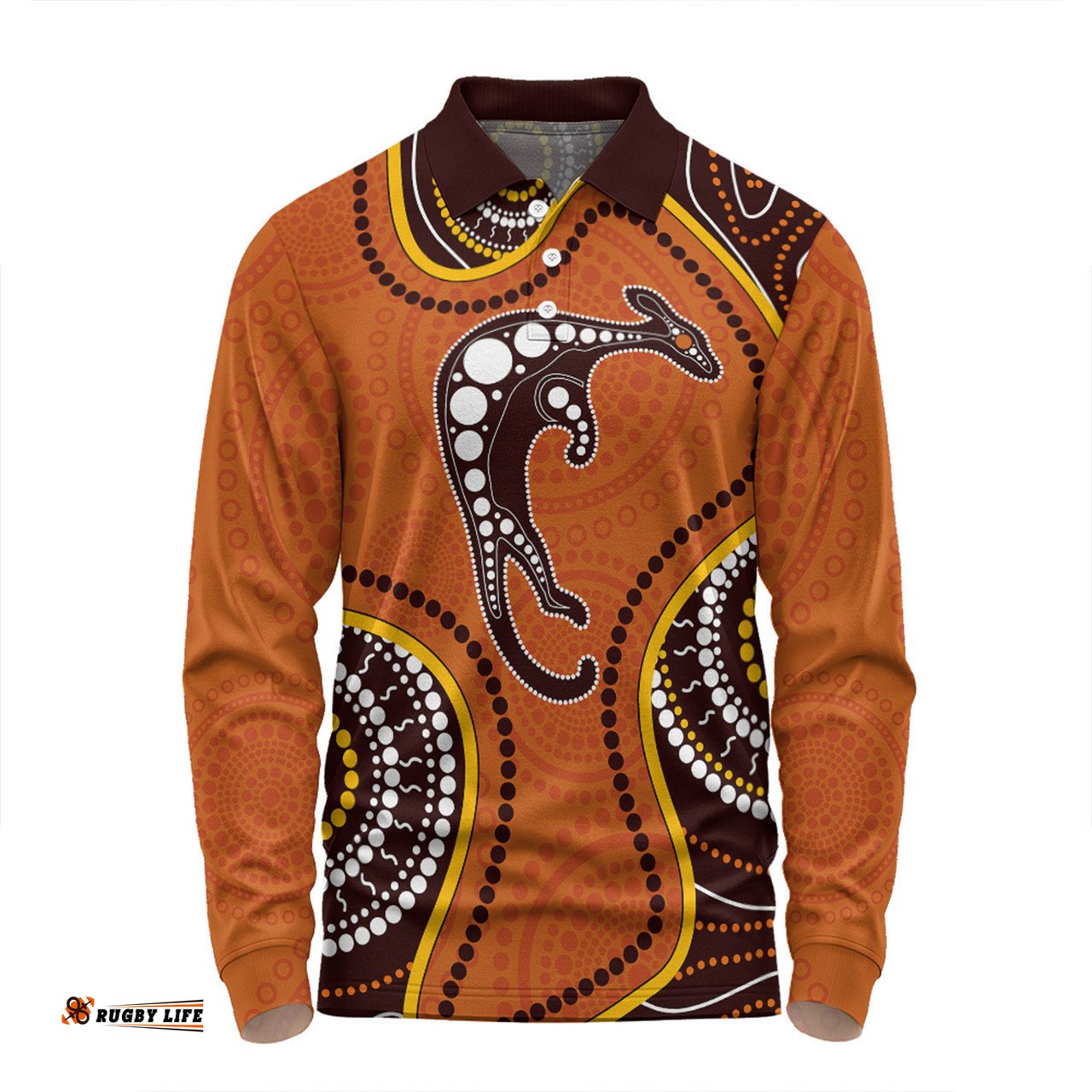 Australia Long Sleeve Polo Shirt Aboriginal Art With Kangaroo