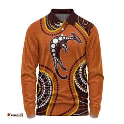 Australia Long Sleeve Polo Shirt Aboriginal Art With Kangaroo