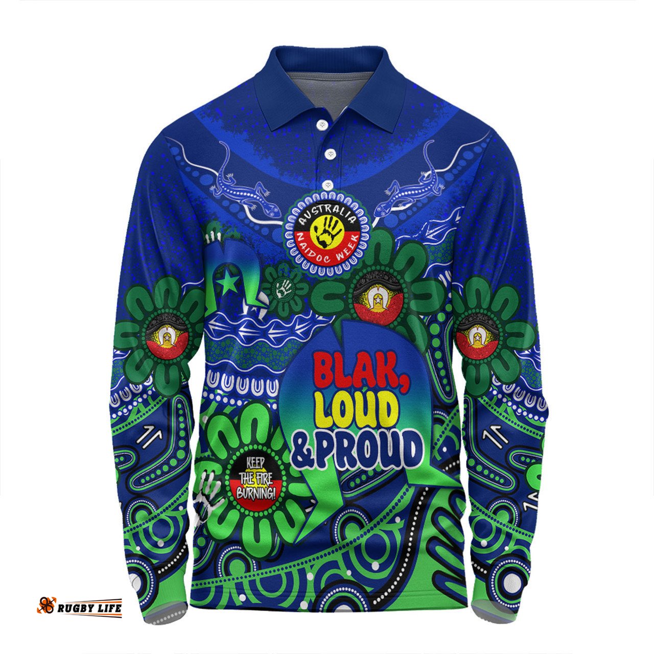 Australia Long Sleeve Polo Shirt Naidoc Week Torres Strait Symbol With Aboriginal Pattern Inspired Blue