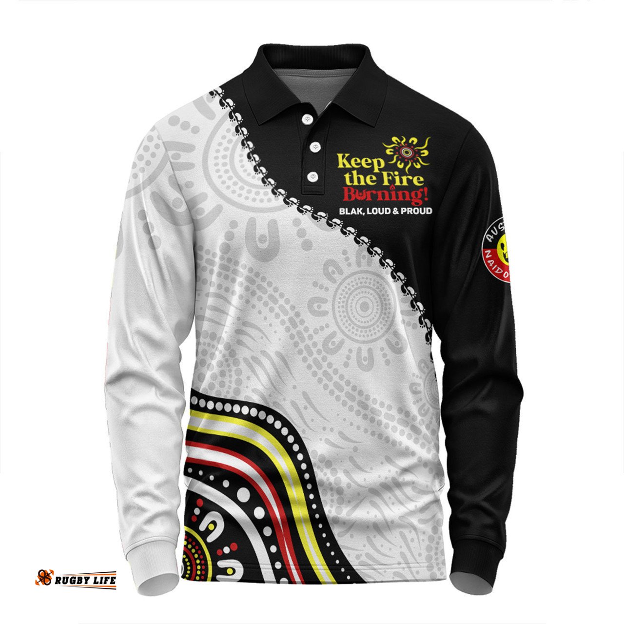 Australia Long Sleeve Polo Shirt Naidoc Week Indigenous Culture Inspired Keep the Fire Burning! Blak, Loud and Proud